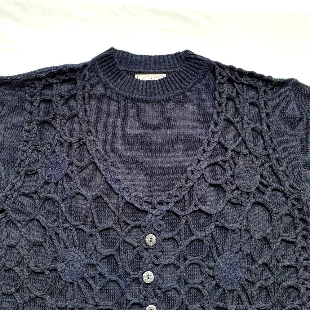 Vintage Ce'Ci Sweater Womens‎ M/L Black Crochet Chunky Knit Linen Blend Boho NEW